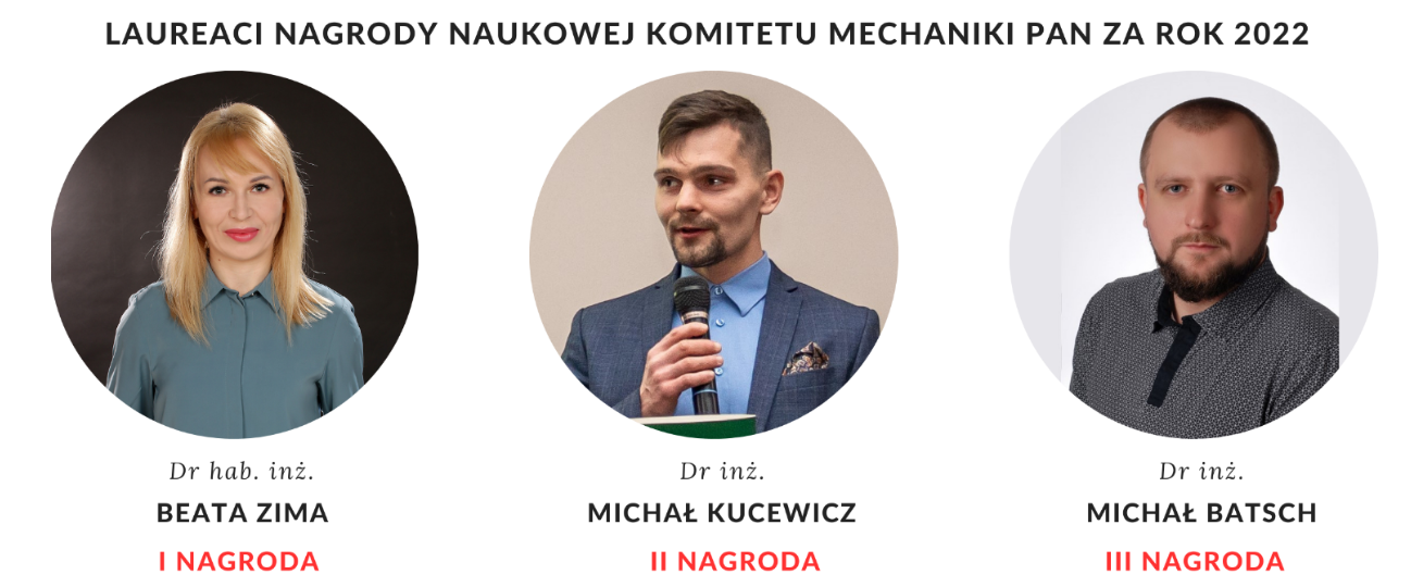 Fot. 1. Laureaci nagrody naukowej Komitetu Mechaniki PAN za rok 2022 - 3 osoby, w środku Michał Kucewicz z WAT WIM.