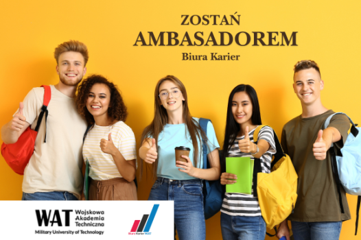Grupa młodych osób, żółte tło. Na górze napis: Zostań ambasadorem Biura Karier.
