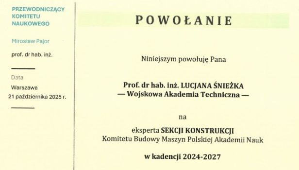 Prof. L. Śnieżek powołany na eksperta Komitetu Budowy Maszyn PAN