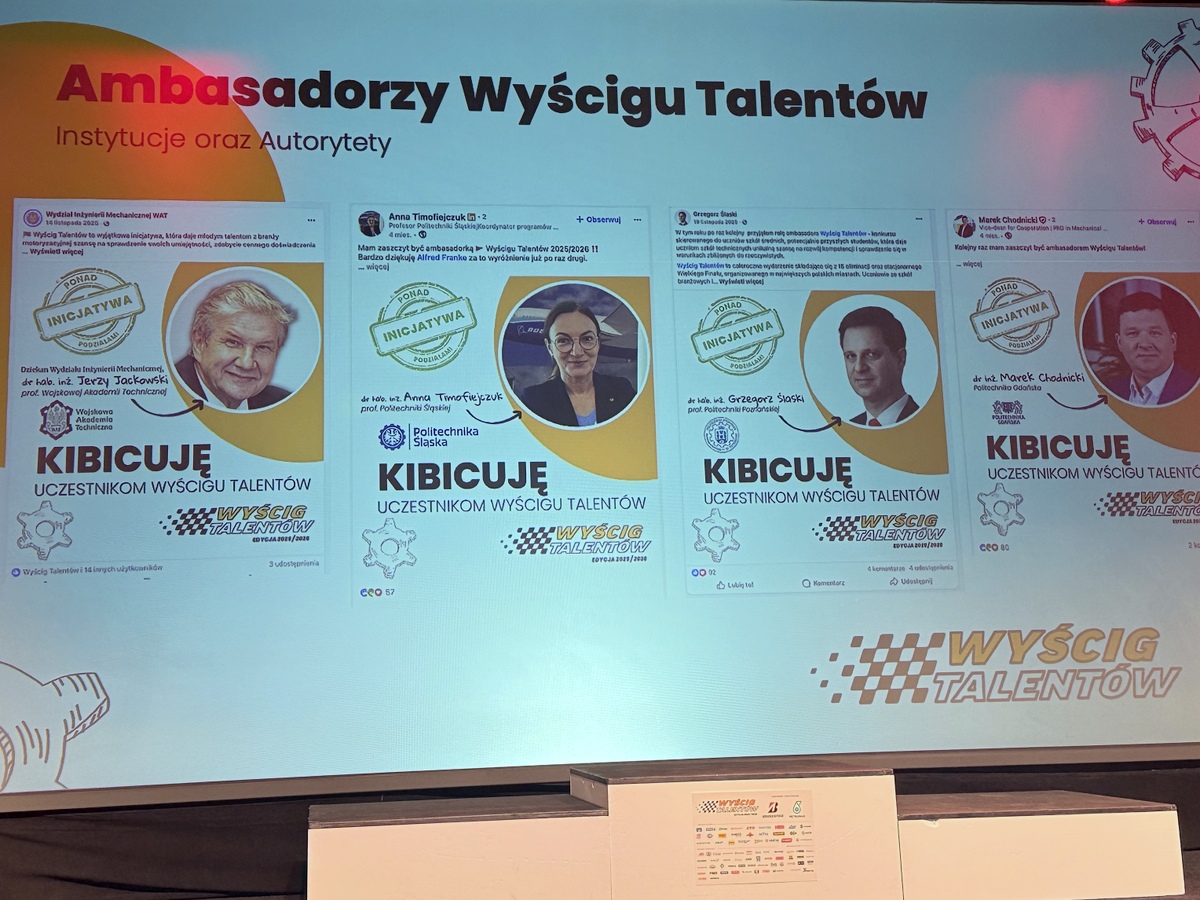 Slajd z prezentacją Ambasadorów Konkursu, w tym prof. Jerzy Jackowski z WAT.