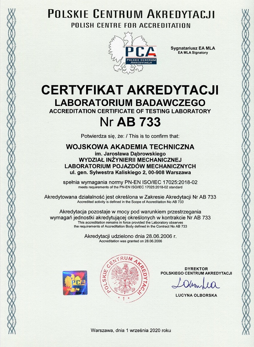 Certyfikat PCA dla Laboratorium Pojazdów Mechanicznych przyznany w 2020 roku