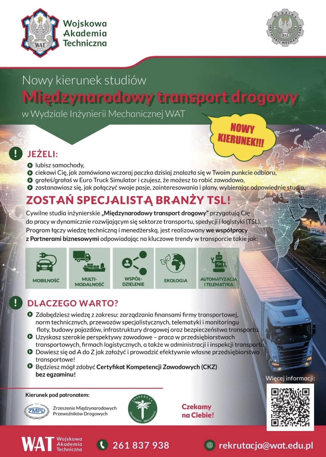 Nowy kierunek studiów - Międzynarodowy transport samochodowy; ulotka informacyjna.